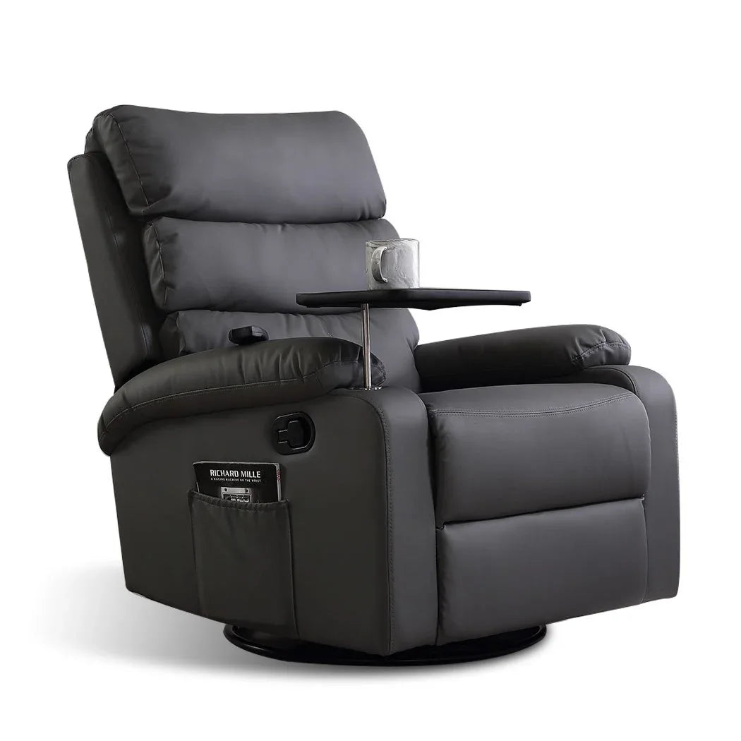 Gray recliner chair with cup holder and side table on a white background