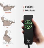 Hand holding a remote control with button functions illustrated on a chair, featuring the Mcombo brand.