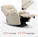 Beige recliner chair with dimensions displayed on a white background