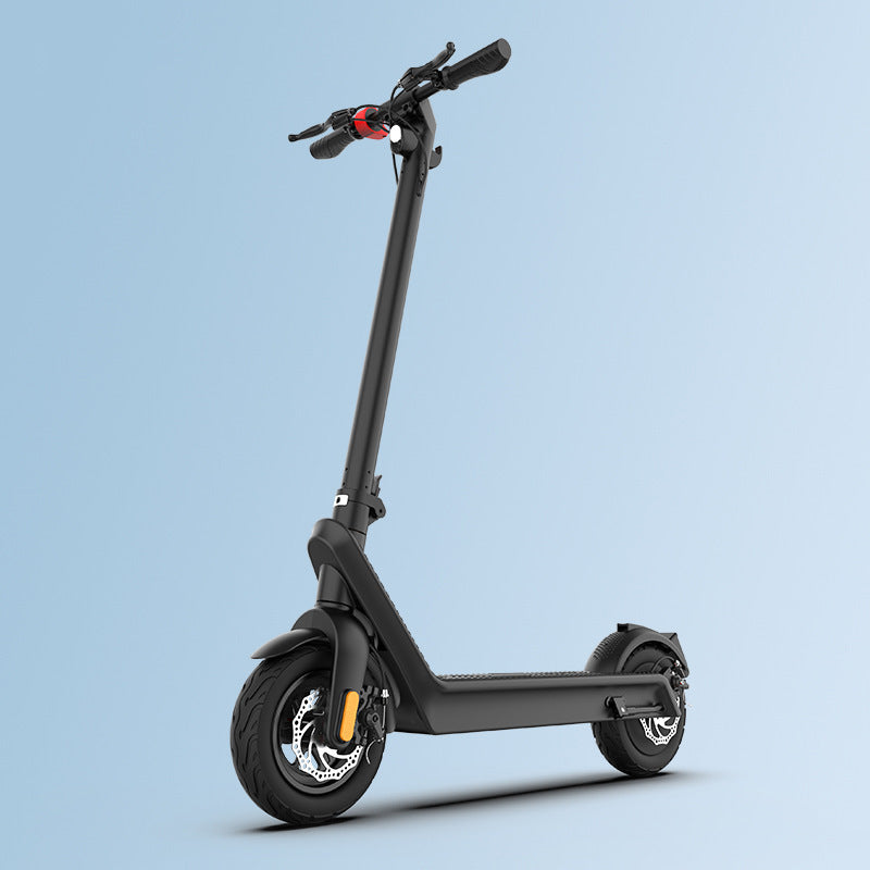 Black electric mobility scooter on a light blue background