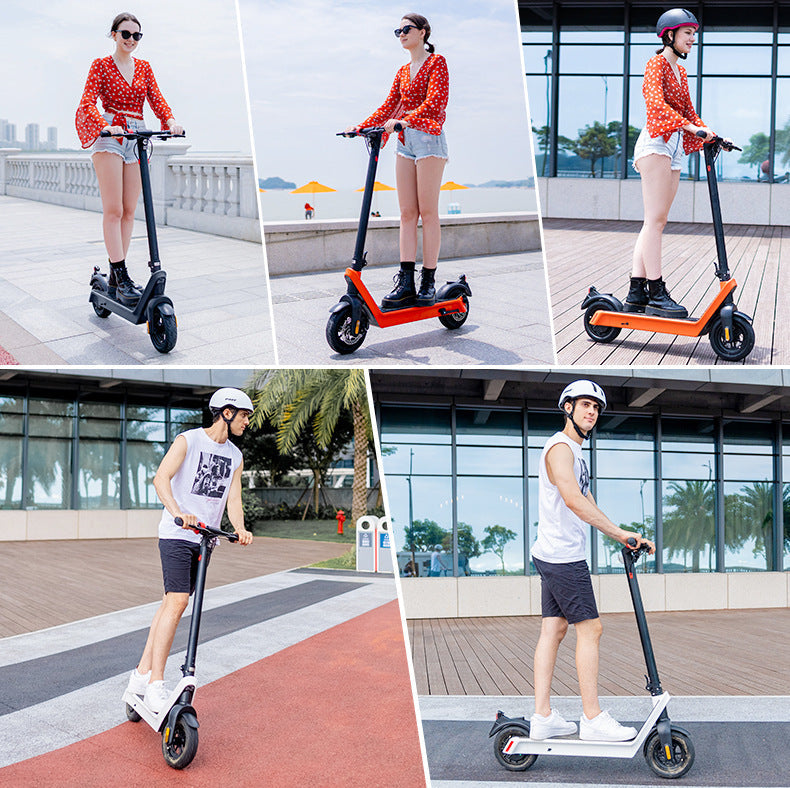 Collage of people using electric mobility scooters in various settings