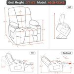 Measurement chart for a recliner chair with dimensions labeled