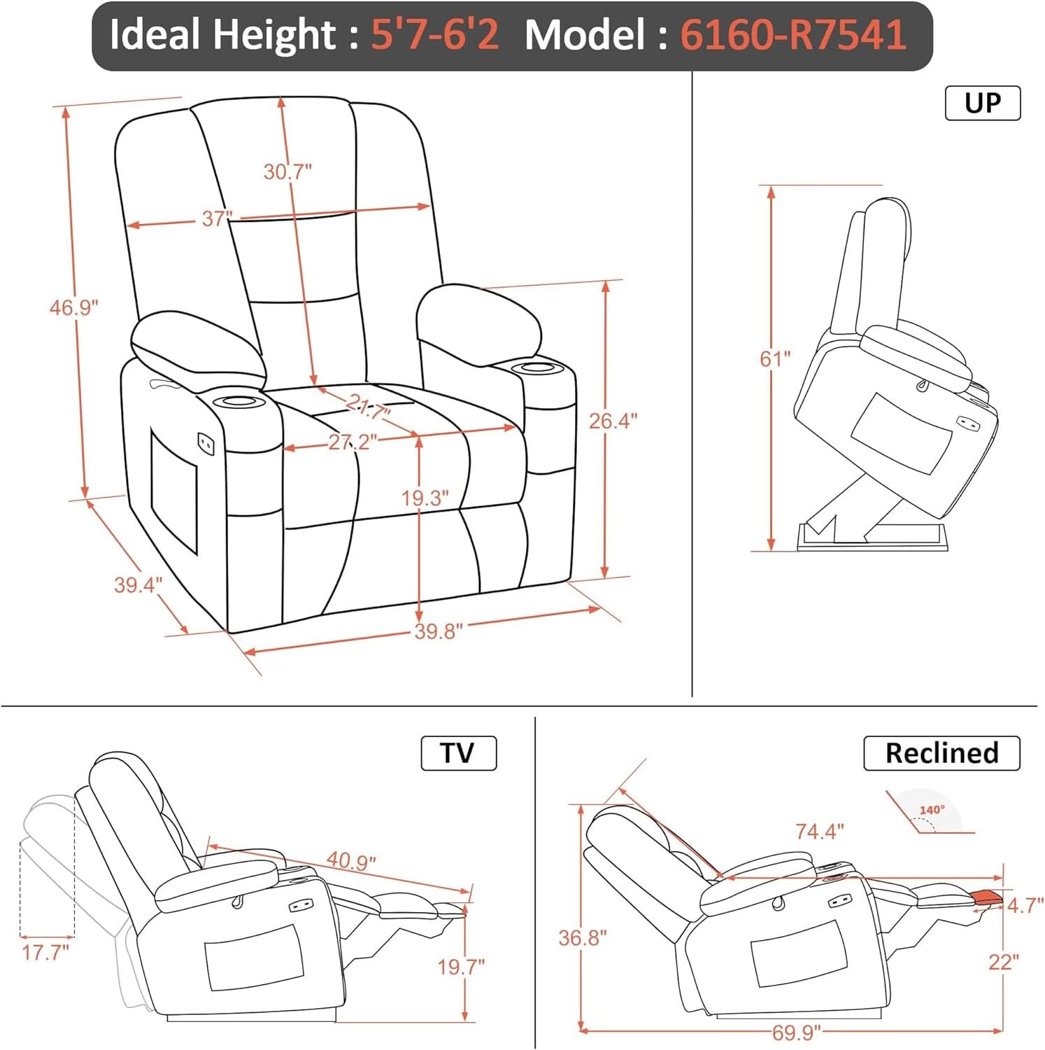 Measurement chart for a recliner chair with dimensions labeled