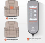Massage chair with remote control showing features like lumbar heat and vibrating nodes on a white background.