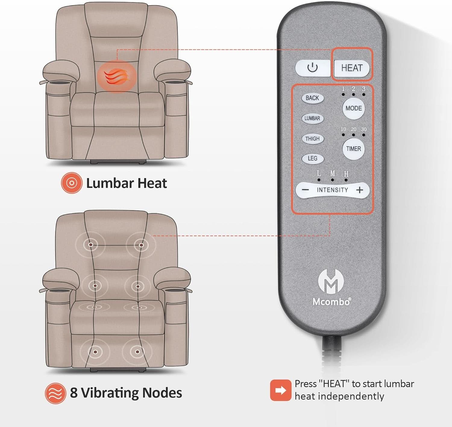 Massage chair with remote control showing features like lumbar heat and vibrating nodes on a white background.