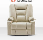 Beige recliner chair with '27.2" Extra Wide Seat' text on a white background