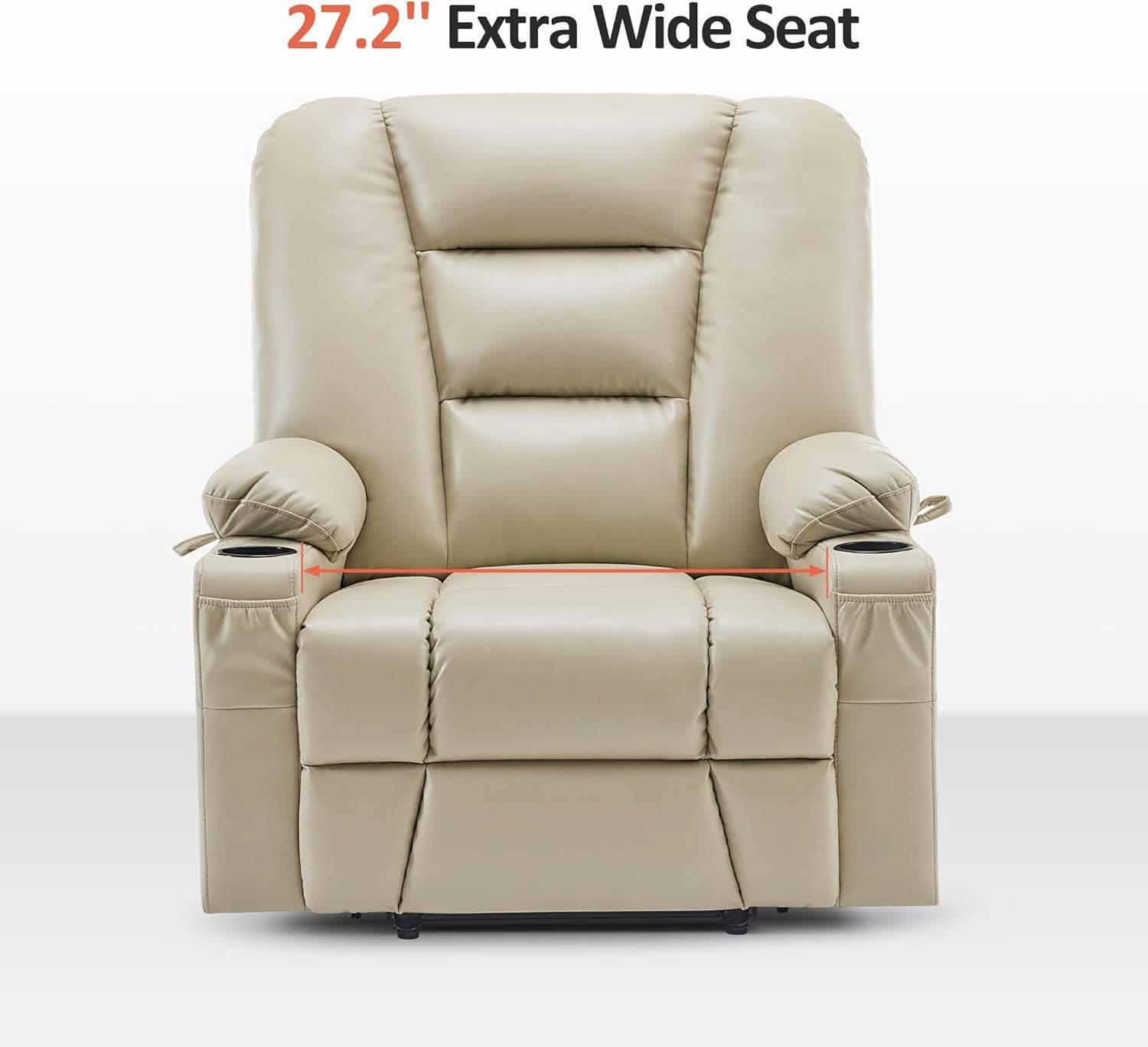 Beige recliner chair with '27.2" Extra Wide Seat' text on a white background