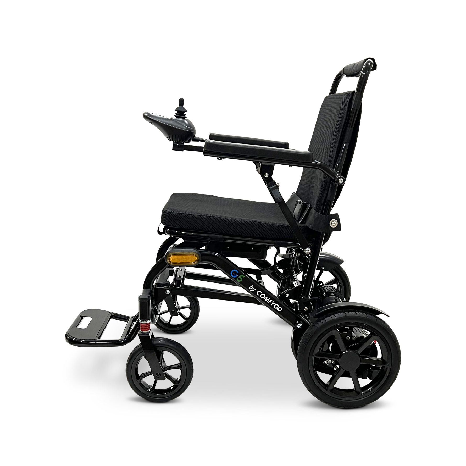Black electric wheelchair on a white background