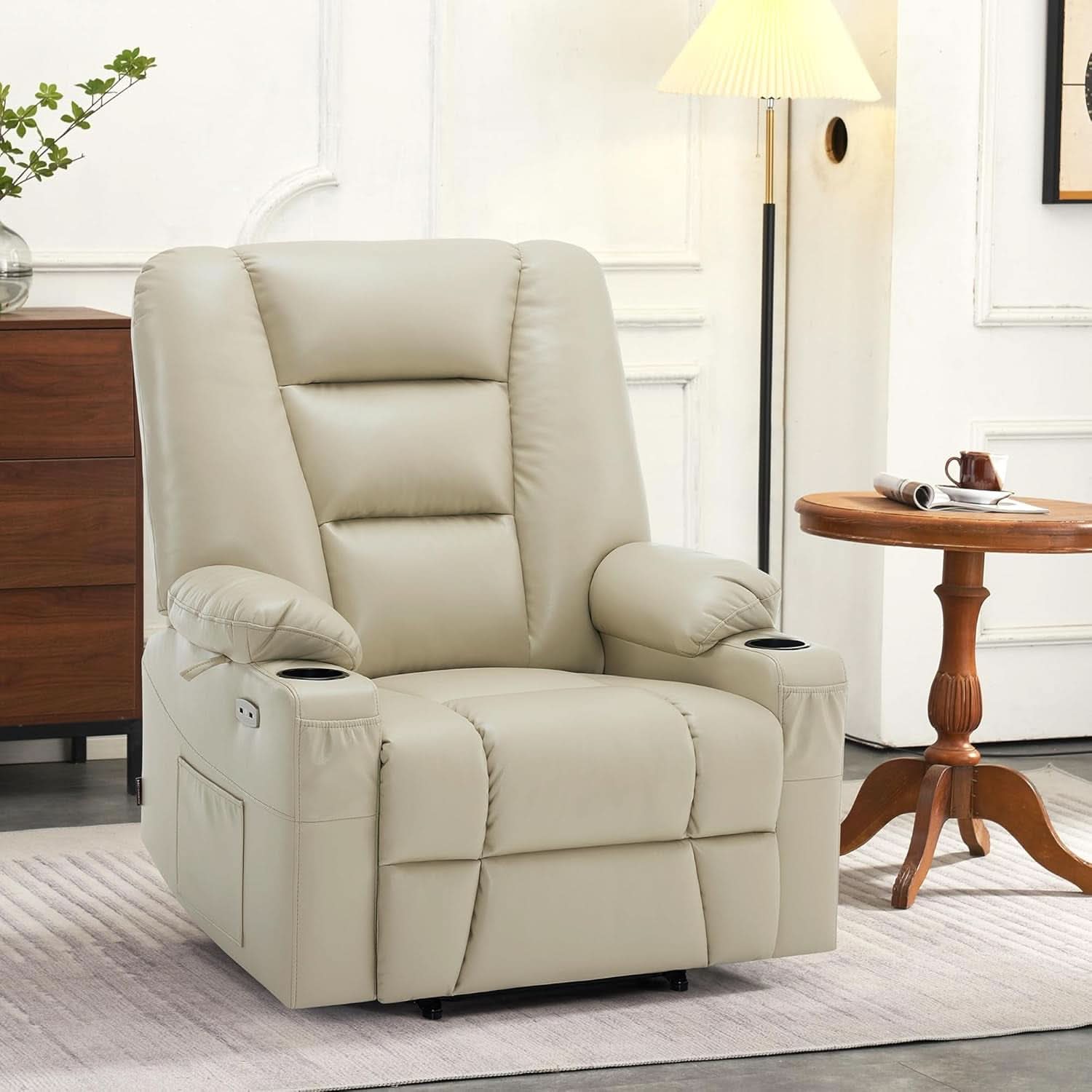 Beige Large Power Lift Recliner Chair with Massage and Heat