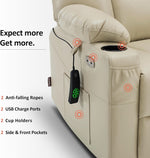 Beige recliner chair with USB ports, cup holders, and storage pockets on a white background.