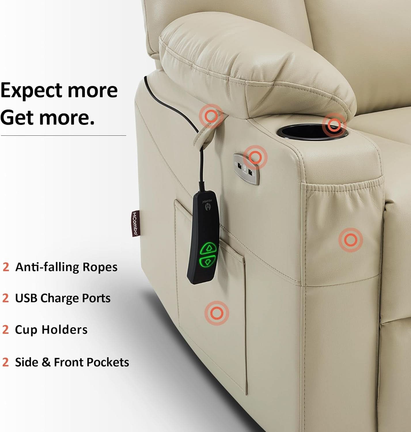 Beige recliner chair with USB ports, cup holders, and storage pockets on a white background.